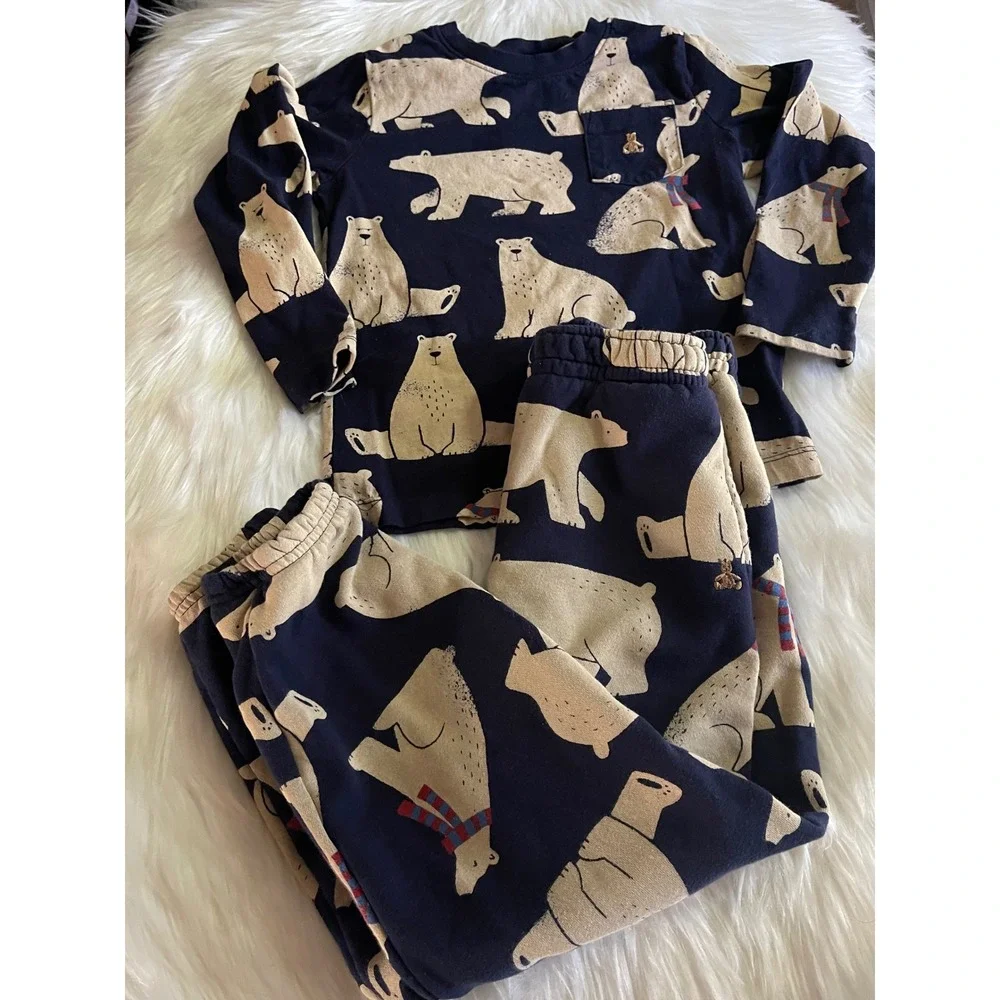 Gap Baby Boy's Navy Blue Cream Polar Bear Long Sleeve Top & Jogger Set Size 6
